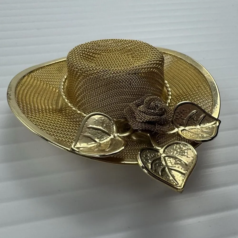 Vintage Gold Tone Mesh Hat Brooch Pin Floral Leaves Statement Retro